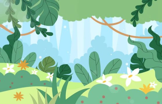 Vibrant cartoon jungle scene featuring lush green tropical foliage, hanging vines, white flowers, and a small orange bird peeking out. Playful nature illustration.