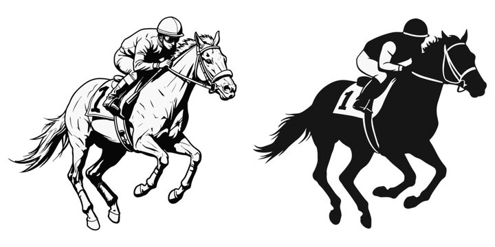 Racehorse and Jockey Galloping Outline and Silhouette Vector - Powered by Adobe