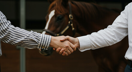 Two people shaking hands with a horse in the background, possibly sealing a deal. The image captures a moment of agreement and collaboration, with a sense of trust