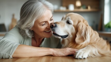 An elderly woman shares a touching moment with her golden retriever, showcasing the deep bond between humans and animals through love, companionship, and joy in domestic life.