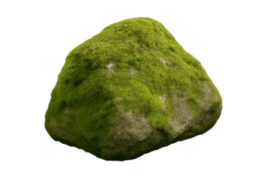 Rotating mossy rock isolated on transparent background, perfect for compositing and visual effects