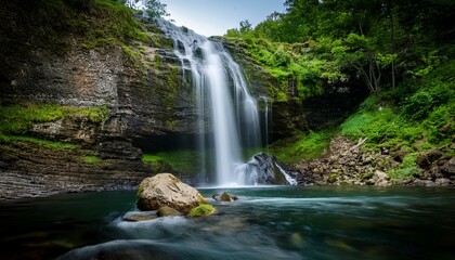 Fototapeta premium fresh waterfall flows over rocky surface creating serene atmosphere surrounded by greenery rugged terrain