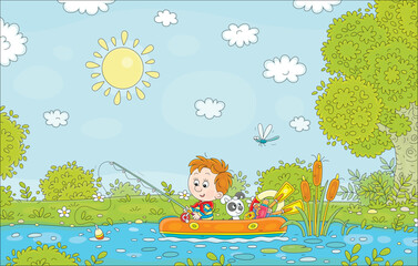 Funny little boy with a merry puppy floating in an inflatable boat with a fishing-rod and catching fishes in a pretty rushy lake on a sunny summer day in countryside, vector cartoon illustration