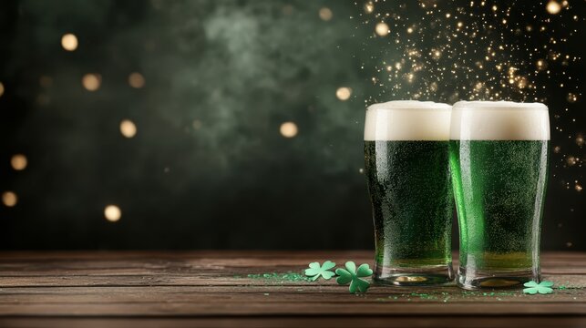 Two frosty glasses of green beer beside festive shamrocks embody the spirit of celebration, particularly during St. Patrick's Day, evoking cheer and camaraderie.