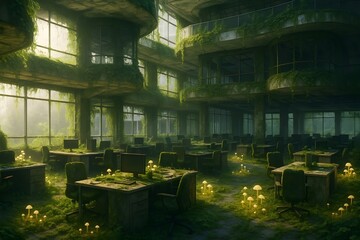 Abandoned Futuristic Office Building Overgrown with Ivy and Glowing Mushrooms

