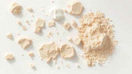 Fototapeta premium Scattered clumps and loose powder of a neutral colored material are presented against a bright, minimalist background