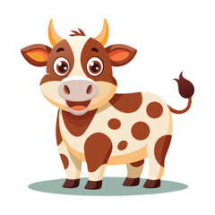 Fototapeta premium Cute cartoon cow with brown spots isolated on white background standing happily in a farm setting
