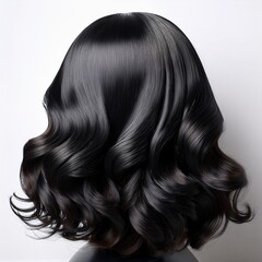 Illustrate the variety in a pack of black women's wigs on a clear background