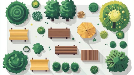 Overhead view of park elements benches, trees, shrubs, umbrella.