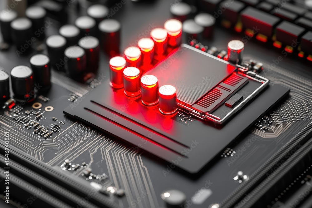 Aufkleber close-up of a circuit board with illuminated components and intricate wiring details.