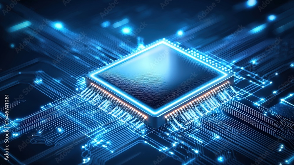 Poster futuristic microchip with glowing circuitry and intricate details.