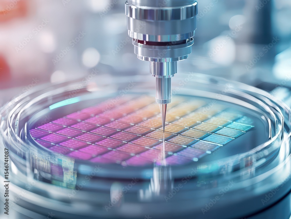 Poster advanced semiconductor manufacturing process with intricate patterns on silicon wafers.