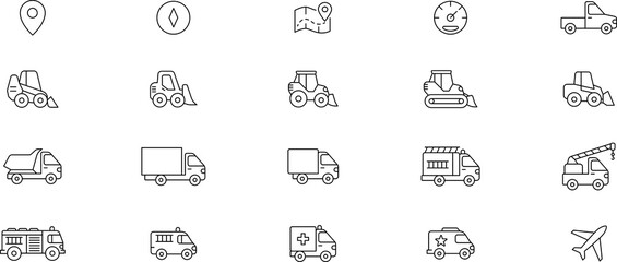 Public, Service, Municipal Commercial vehicles Transport Line Icons Set — Transportation, vehicle icon set. Vector glyph pictograms of travel, logistics, public transit concepts, car, train, bus