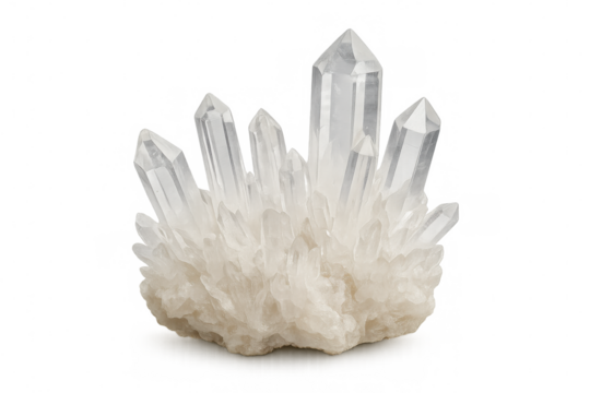 Translucent quartz crystals clustering together, revealing intricate geometric patterns against pristine white backdrop