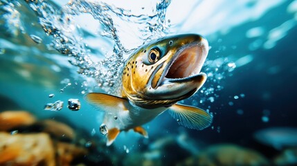 A vibrant trout is captured swimming underwater, showcasing its intricate patterns and the beauty of aquatic life in a serene, natural environment filled with bubbles.