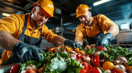 Two chefs in yellow uniforms diligently prepare a colorful array of fresh vegetables, showcasing vibrant colors and culinary skills in a professional kitchen filled with energy and creativity.