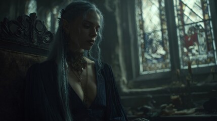 Elven princess sitting on a throne in a gothic cathedral