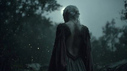 Elven princess wearing fantasy dress walking in enchanted forest at night