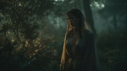 Elven princess wearing headdress and veil, posing in enchanted forest