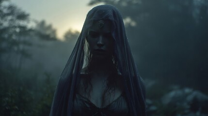 Elven princess wearing dark veil in misty forest at dawn