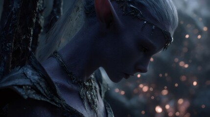 Elven princess looking down with sadness in magical forest fire