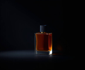 a single glass perfume bottle positioned slightly off-center to the right against a dark, gradient background