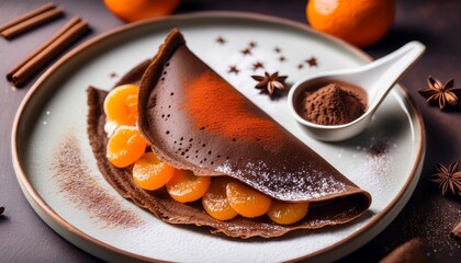 delectably irresistible chocolate crepe with tangerine dried red chili sauce and cocoa powder