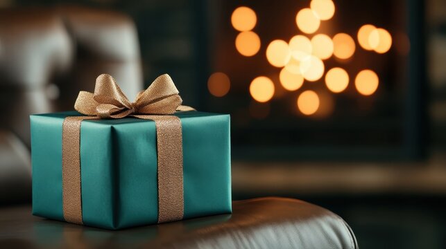 A beautifully wrapped present adorned with a golden ribbon, resting elegantly on a cozy leather chair, inviting a sense of warmth, anticipation, and festive joy during celebrations.
