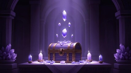 Floating Crystals Above Treasure Chest in Lit Chamber - Powered by Adobe
