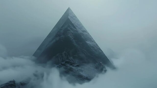 Monolithic pyramid shrouded in misty peaks