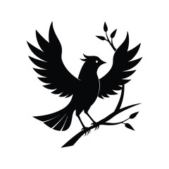 Silhouette of a bird perched on a branch with leaves isolated on white background