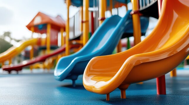 A vibrant and inviting playground filled with colorful slides, designed for kids to have fun, encouraging play and social interaction in a safe and cheerful outdoor environment.