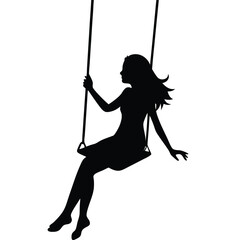 Silhouette of a woman on a swing isolated on white background