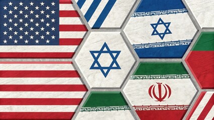 Fototapeta premium Tensions in the Middle East USA Israel Iran flags in a hexagon pattern 80 chars