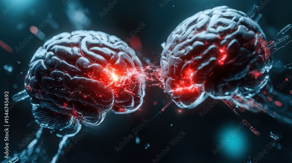 Poster An abstract representation of two illuminated brains, visually connecting through vibrant energy spark, depicting themes of intellect, communication, and the power of shared ideas.