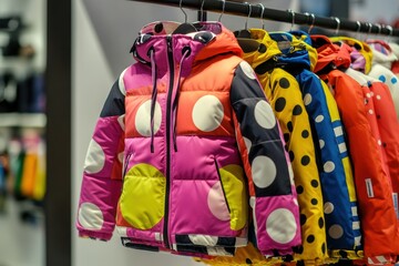 Colorful puffer jackets hanging on display. Winter jackets hooded with zipper and pockets in a retail store, various styles, hues. Rack of clothes. Colourful seasonal fashion garments sale. Outerwear.