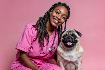 Afro-american female veterinarian with a pug on pink background. Veterinary medicine, animal care and pet concept. Studio portrait for poster, commercial, design 