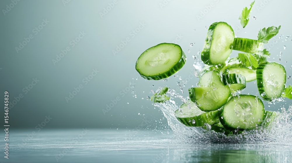 Poster fresh cucumber slices fall dramatically into clear water, creating a visually engaging splash effect