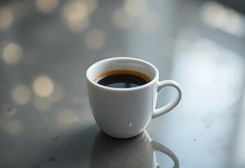 A steaming hot espresso in a white mug with a saucer sits on a brown table, its rich aroma promising a perfect morning caffeine kick