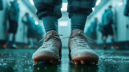 An artistic close-up shot of soccer cleats resting on the floor of a locker room, symbolizing readiness for the game and the spirit of teamwork and competition in sports.