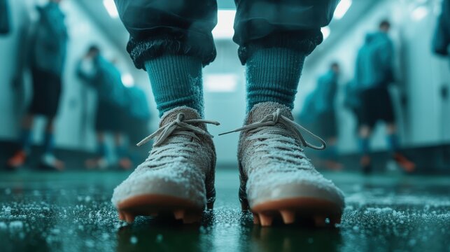 An artistic close-up shot of soccer cleats resting on the floor of a locker room, symbolizing readiness for the game and the spirit of teamwork and competition in sports. - Powered by Adobe