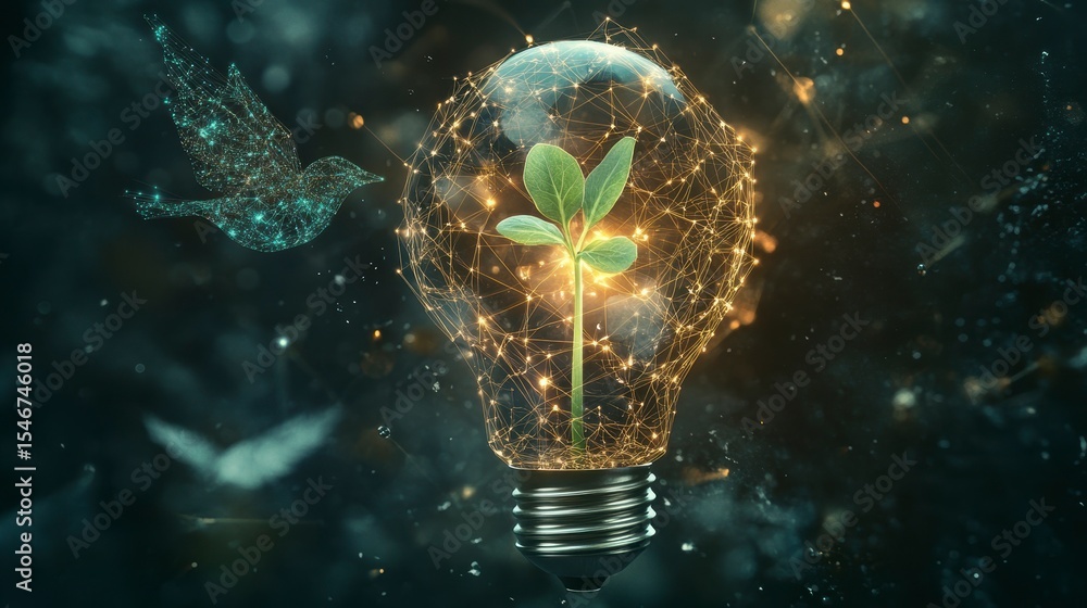 Poster glowing lightbulb with sprout and birds, representing eco-friendly innovation and sustainable growth