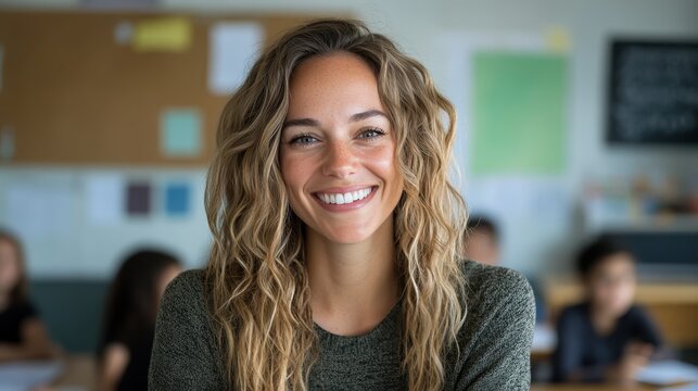 A confident young woman smiles warmly in a classroom setting, representing positivity and the transformative power of education in shaping future generations.
