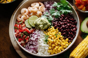 Mexican fusion rice, with spicy seasoned rice, roasted shrimp, roasted vegetables, and a dollop of guacamole on top