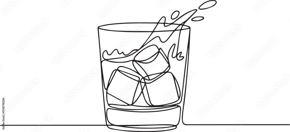 Poster continuous single line drawing of a lowball glass with ice cubes and splash effect in minimalist bla