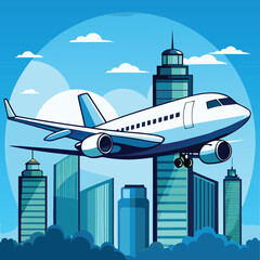airplane flying over the city