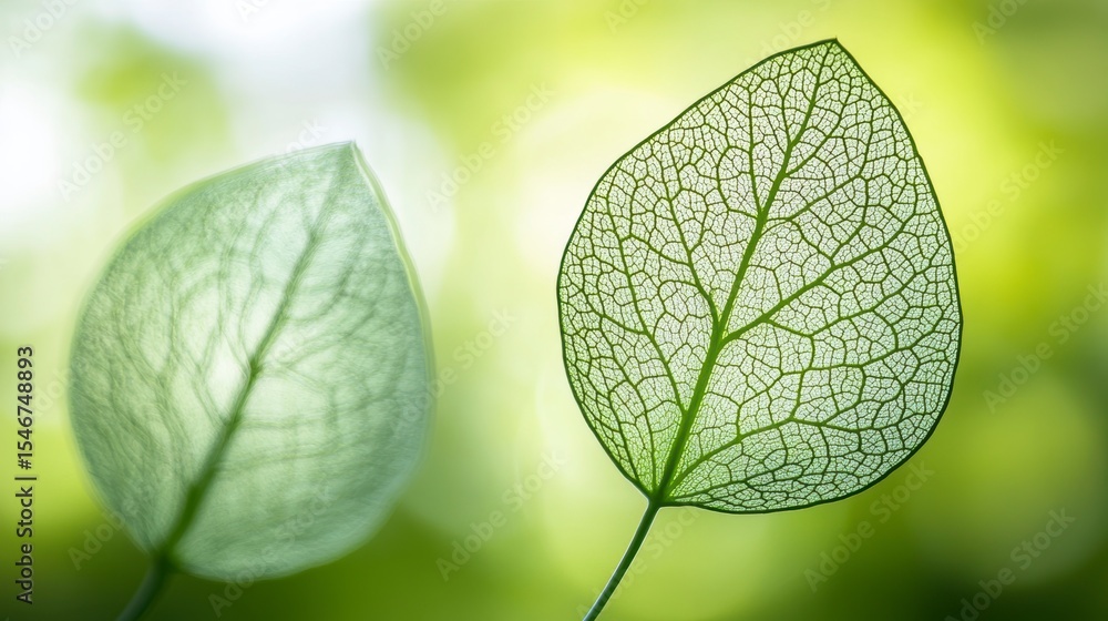 Poster two translucent green leaves with visible veins against a blurred green background.