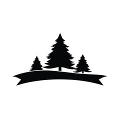 Silhouette of a Forest Displaying Evergreen Trees and a Curved Banner for Textual or Graphic Overlay in a Simple Design Element against a White Backdrop