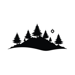 Fototapeta premium A Mountainous Landscape with Evergreen Trees Silhouette Against a White Background, Presenting an Outdoor Scene with Natural Elements and a Solitary Star, Evoking Serenity and Peace