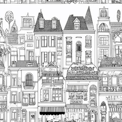 Obraz premium European houses. Cute Dutch buildings with shops, bookstore, cafe, coffee shop. Contour monochrome vector illustration, coloring for children in a hand-drawn childish style
